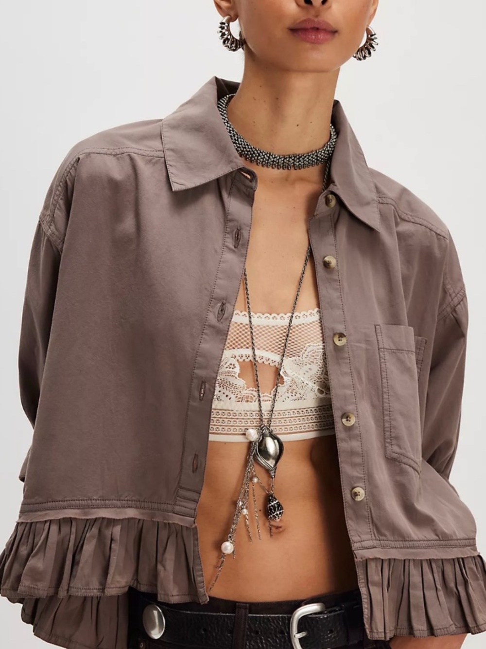 We The Free Bailey Solid Shirt in Gravel Rock Color size Medium Free People